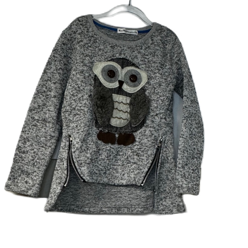 MaoMaoleyenda girls sz 8 gray owl herringbone button top zipper fuzzy cozy warm